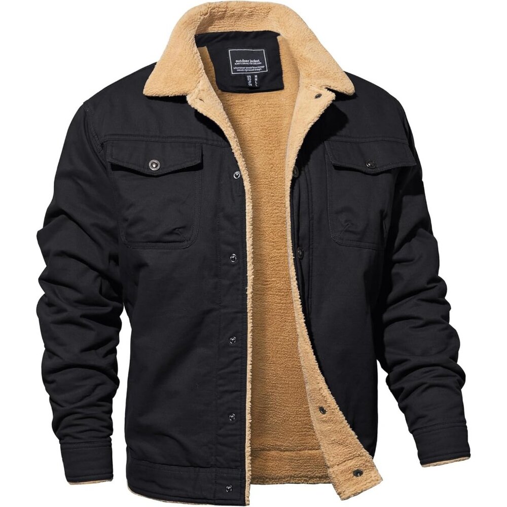 Men's Lightweight Shirt Jacket Coat Black Winter Cotton Fleece Lined 5 Pockets